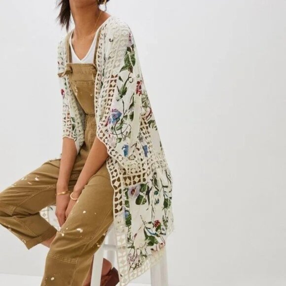 Anthropologie Womens One Size Clea Crochet Floral Embroidered Kimono Jacket - Picture 3 of 14